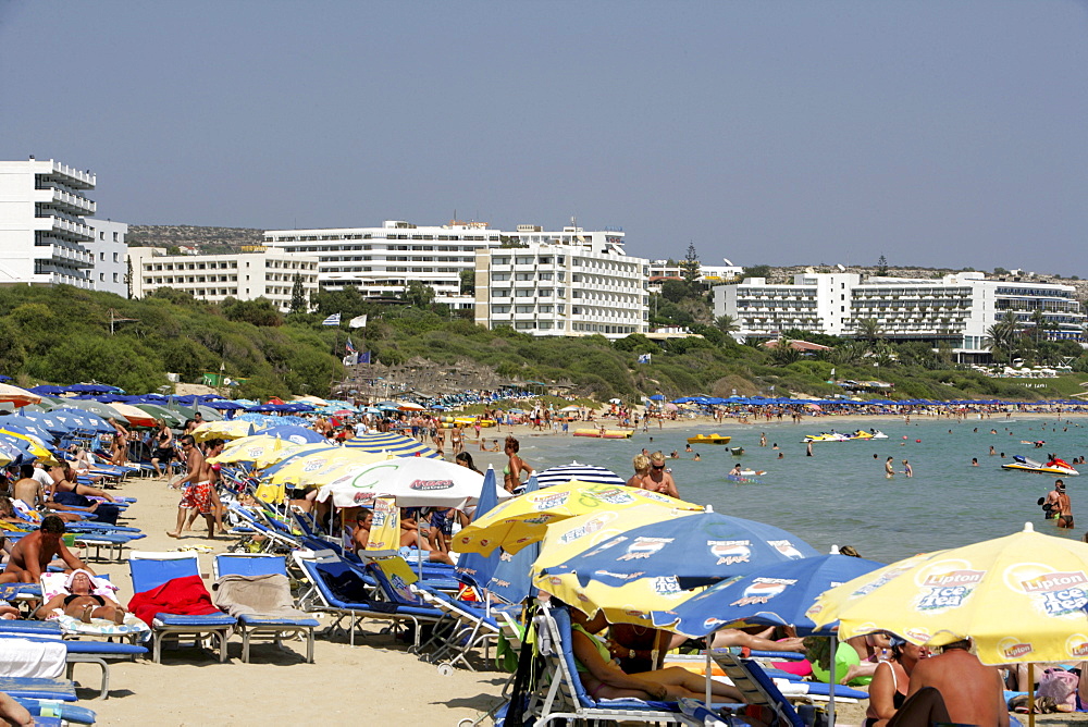 Tourist hotels, tourists on the beach at Ayia Napa, Cyprus, Europe