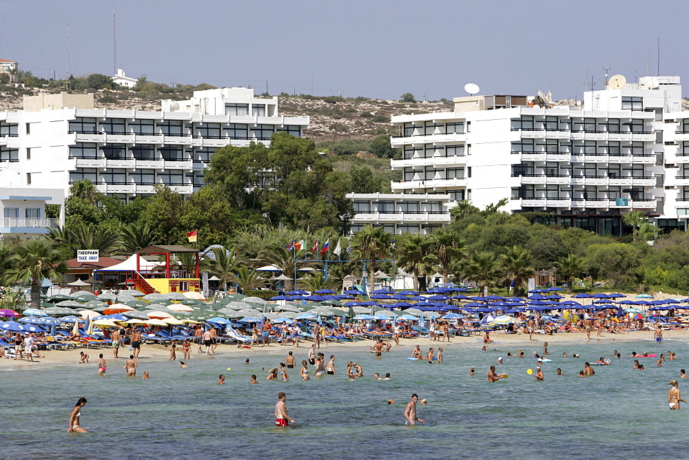 Tourist hotels, tourists on the beach at Ayia Napa, Cyprus, Europe