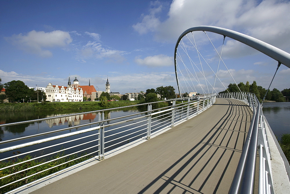 Tiergartenbruecke Bridge crossing the Mulde River, view of Dessau, Saxony-Anhalt, Germany