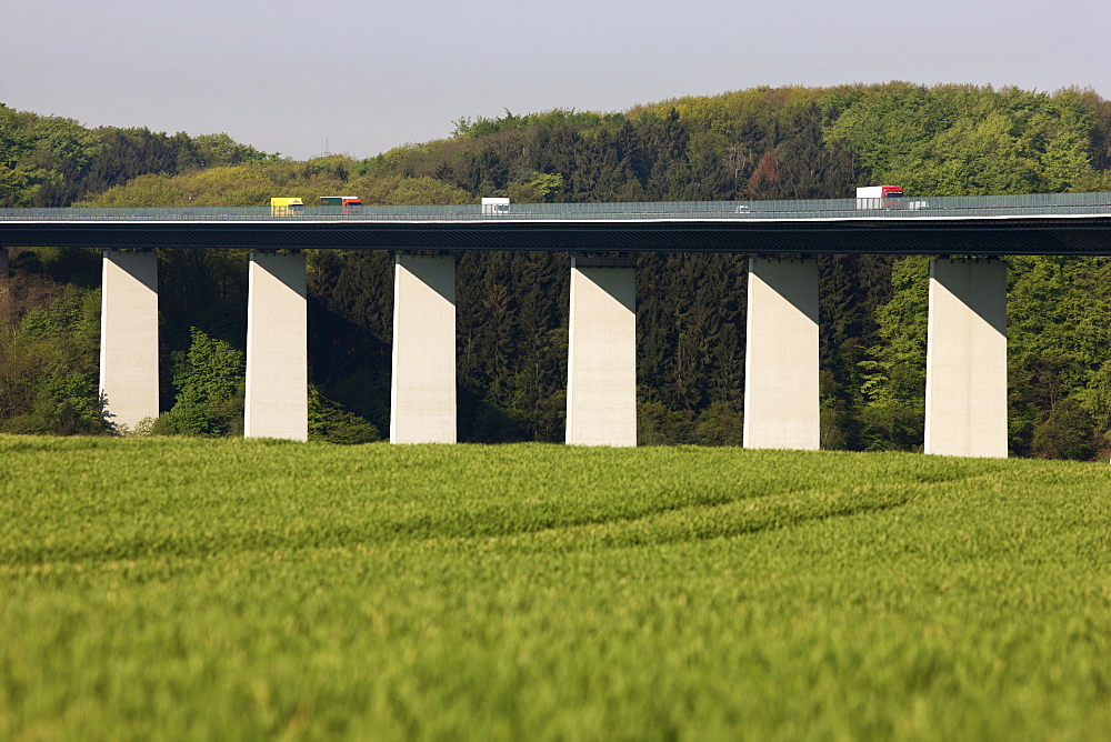 Ruhrtalbruecke, Ruhr valley bridge of the motorway A52 between Essen and Duesseldorf, crossing the Ruhr valley near Muehlheim-Mintard, 1800 meters long, highest section 65 meters, construction completed in 1966, North Rhine-Westphalia, Germany, Europe