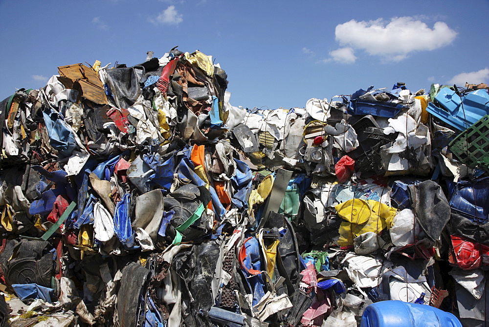 Plastic recycling, PET bottles and plastic rubbish are shredded and pressed, Essen, North Rhine-Westphalia, Germany, Europe