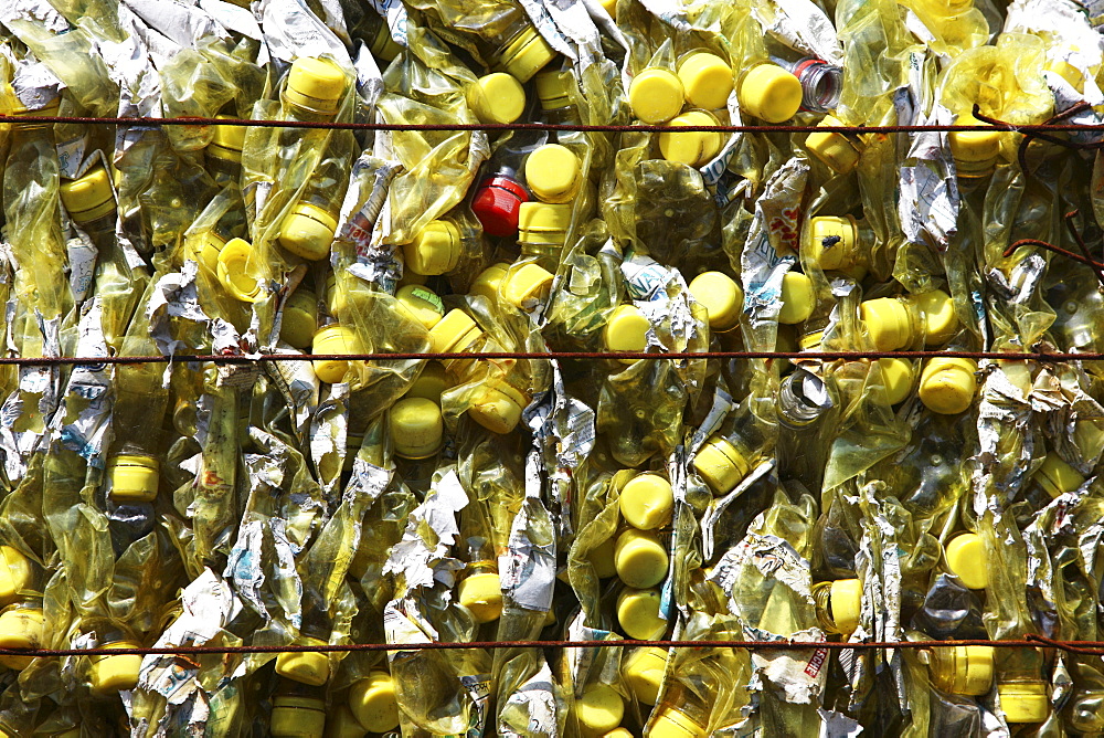 Plastic recycling, PET bottles and plastic rubbish are shredded and pressed, Essen, North Rhine-Westphalia, Germany, Europe