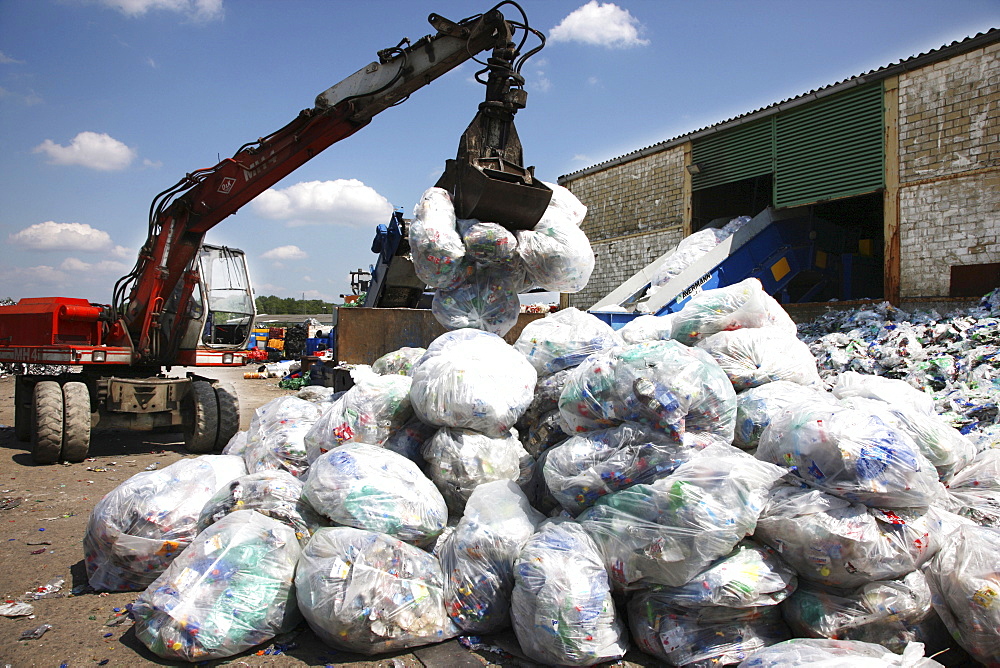 Plastic recycling, PET bottles and plastic rubbish are shredded and pressed, Essen, North Rhine-Westphalia, Germany, Europe