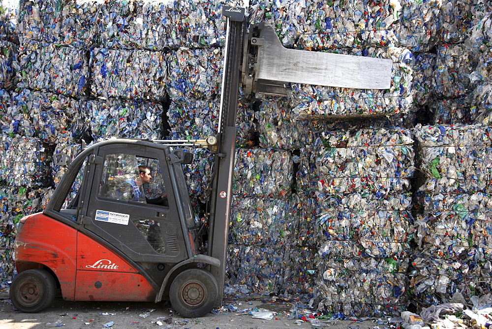 Plastic recycling, PET bottles and plastic rubbish are shredded and pressed, Essen, North Rhine-Westphalia, Germany, Europe