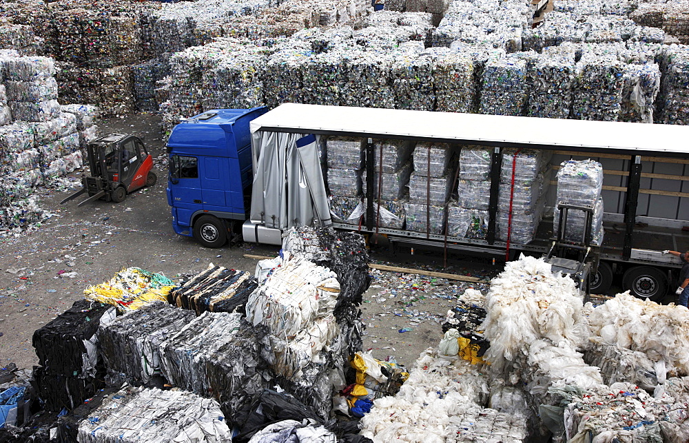 Plastic recycling, PET bottles and plastic rubbish are shredded and pressed, Essen, North Rhine-Westphalia, Germany, Europe