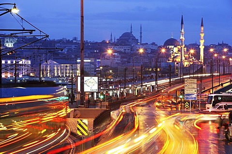 Galata Bridge over the Golden Horn, two-storied road bridge, traffic above, bars and restaurants below, Istanbul, Turkey