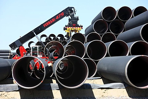 Delivery of steel pipes at the temporary storage facility for the Baltic Sea pipeline, which will transport gas from the Russian town of Wyborg to Greifswald, beginning in 2012, Sassnitz, Ruegen Island, Mecklenburg-Western Pomerania, Germany, Europe