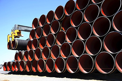 Delivery of steel pipes at the temporary storage facility for the Baltic Sea pipeline, which will transport gas from the Russian town of Wyborg to Greifswald, beginning in 2012, Sassnitz, Ruegen Island, Mecklenburg-Western Pomerania, Germany, Europe