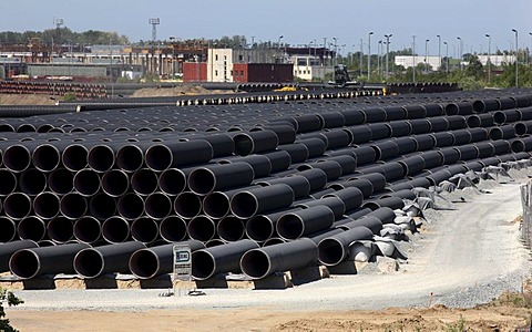 Steel pipes at the temporary storage facility for the Baltic Sea pipeline, which will transport gas from the Russian town Wyborg to Greifswald, beginning in 2012, Sassnitz, Ruegen Island, Mecklenburg-Western Pomerania, Germany, Europe