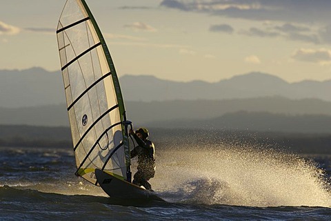 Windsurfer at a jibe on the Ammersee in evening light, Bavaria, Germany