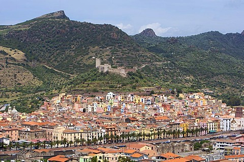 View over the historic city centre of Bosa with fortress, Sardinia, Italy, Europe