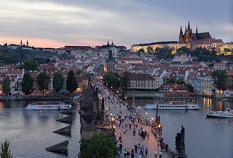 Charles-Bridge and castle of Prague in evening light, Prague, Czech Republic