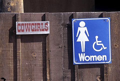 USA, United States of America, Arizona: Toilet sign in the Old Tucson Studios theme park.