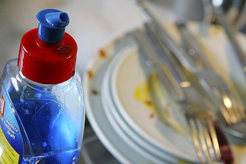 DEU, Germany: Cleaning of dishes by hand in a private kitchen.