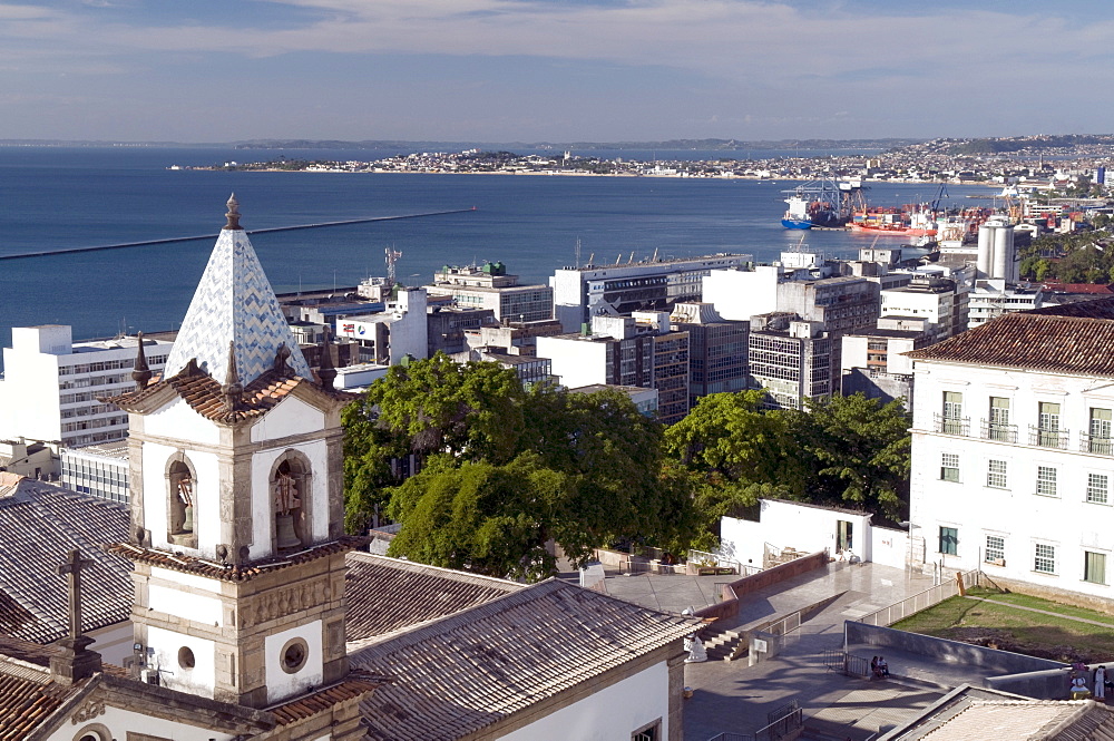 View over the downtown and uptown of Salvador de Bahia onto the harbour and bay of Baia de Todos os Santos, Bahia, Brazil, South America