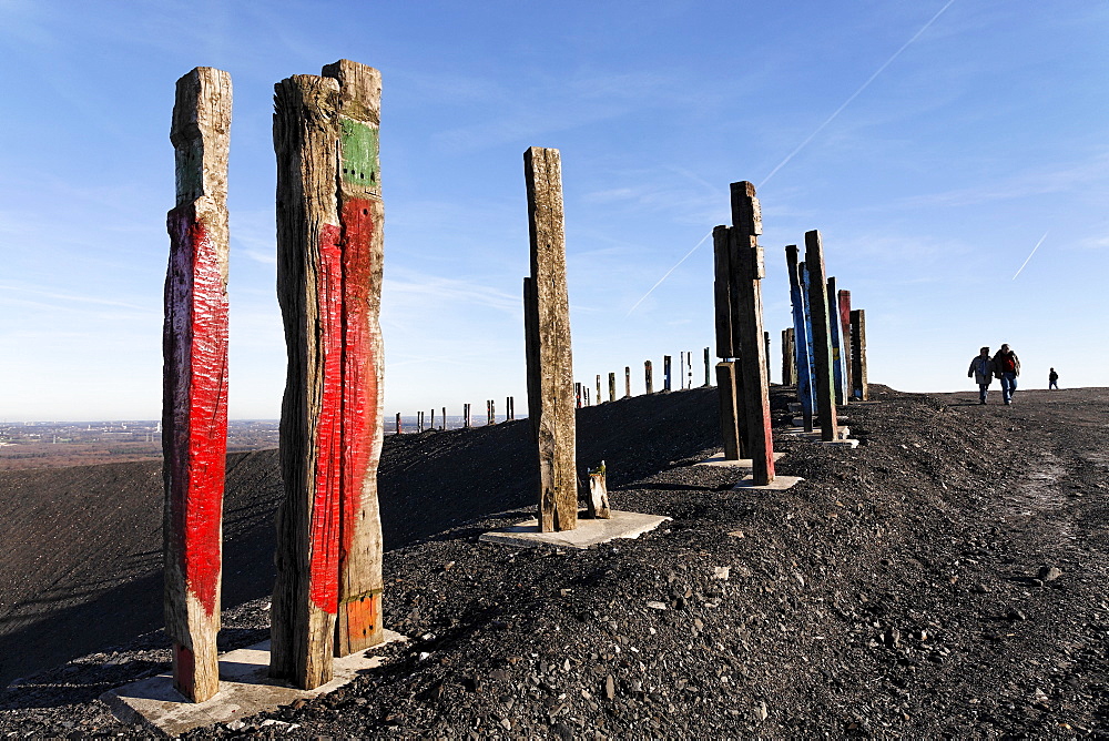 "Totems" art installation by Basque artist Augustin Ibarrola, painted railway ties at the top of the Haniel spoil pile, Bottrop, North Rhine-Westphalia, Germany, Europe