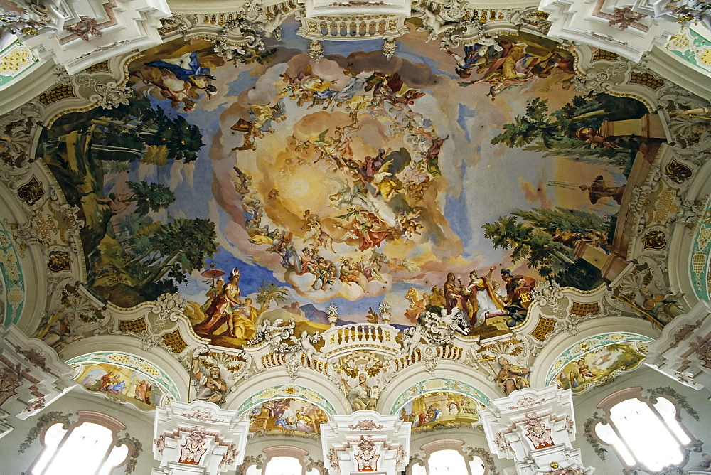 Ceiling fresco, Wessobrunner School, baroque Wallfahrtskirche Steinhausen (pilgrimage church), Steinhausen, Bad Schussenried, Upper Swabia, Baden-Wuerttemberg, Germany, Europe