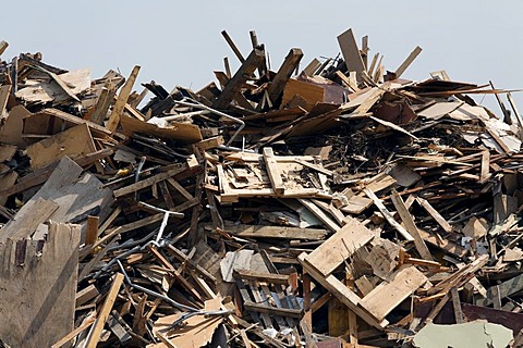 Stockpile of waste timber, timber recycling, Krefeld-Uerdingen, North Rhine-Westphalia, Germany, Europe