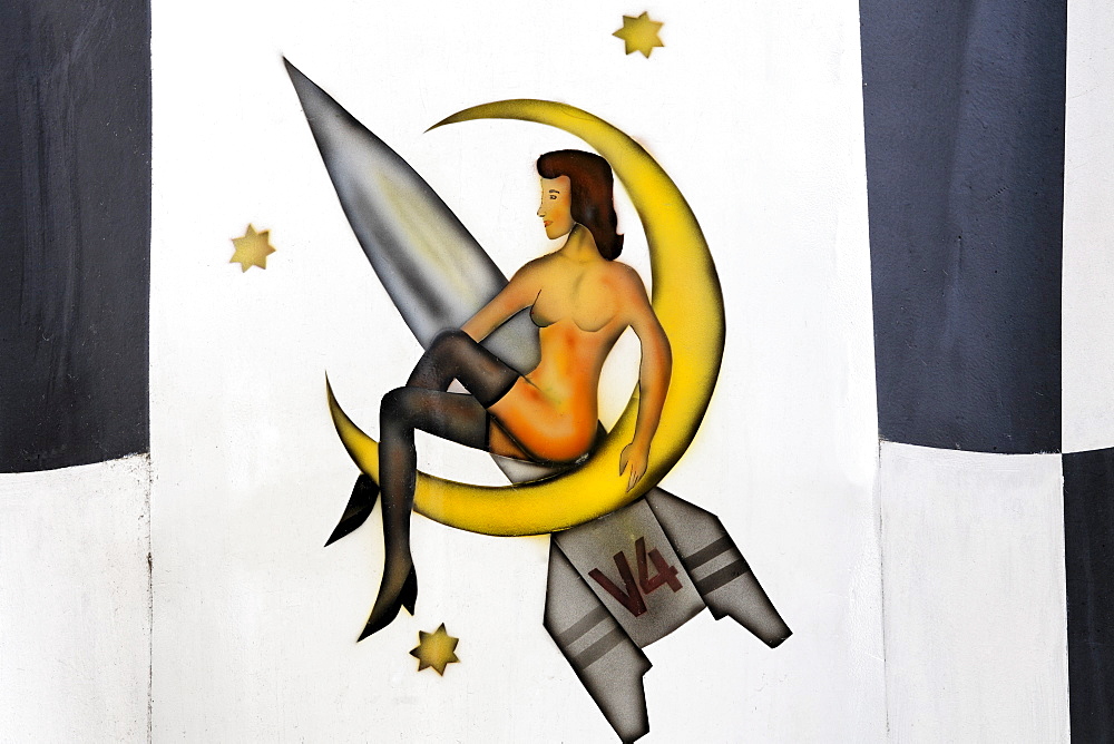 Woman on the moon, original emblem on the Nazi A4 rocket reproduction, V4, Peenemuende Historical-Technical-Information Centre, Usedom Island, Mecklenburg-Western Pomerania, Baltic Sea, Germany, Europe