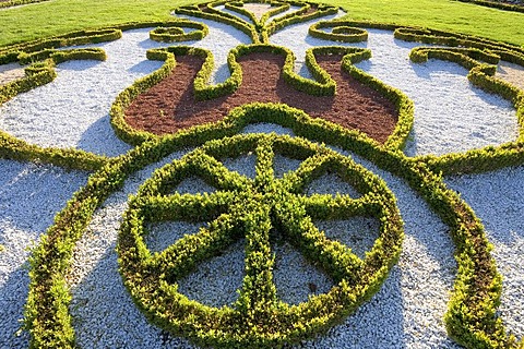 Parterre with box tree ornaments, baroque gardens, Castle Schwetzingen, view from the baroque garden grounds, Baden-Wuerttemberg, Germany