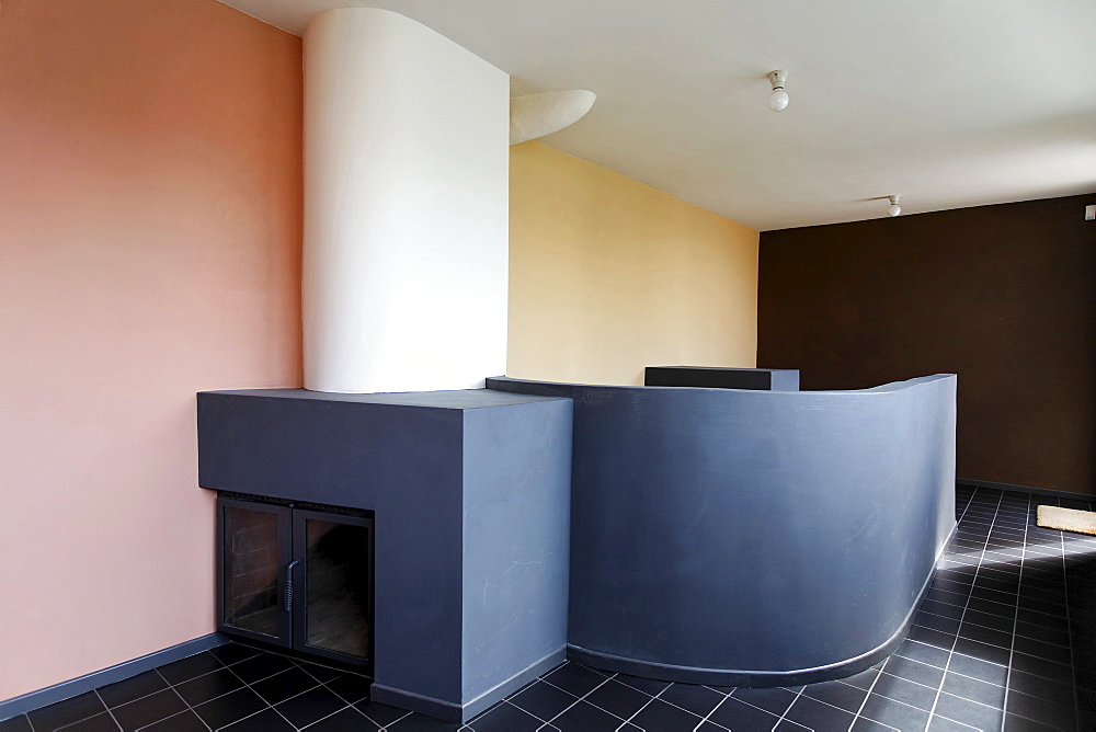 Library with fireplace, museum at the Corbusier house from 1927, Weissenhof Museum, Stuttgart, Baden-Wuerttemberg, Germany