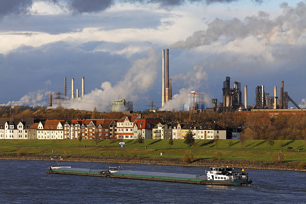 Row of houses on the bank of the river Rhine at Laar, in front of ThyssenKrupp steel works Meiderich/Beek, Duisburg, NRW, Germany