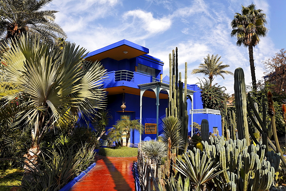 Shining blue mansion, Jardin Majorelle, Marrakech, Morocco, Africa