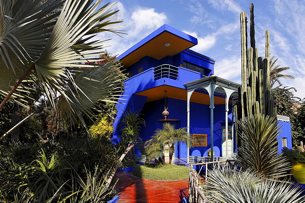 Shining blue mansion in the gardens of Jardin Majorelle, Marrakech, Morocco, Africa