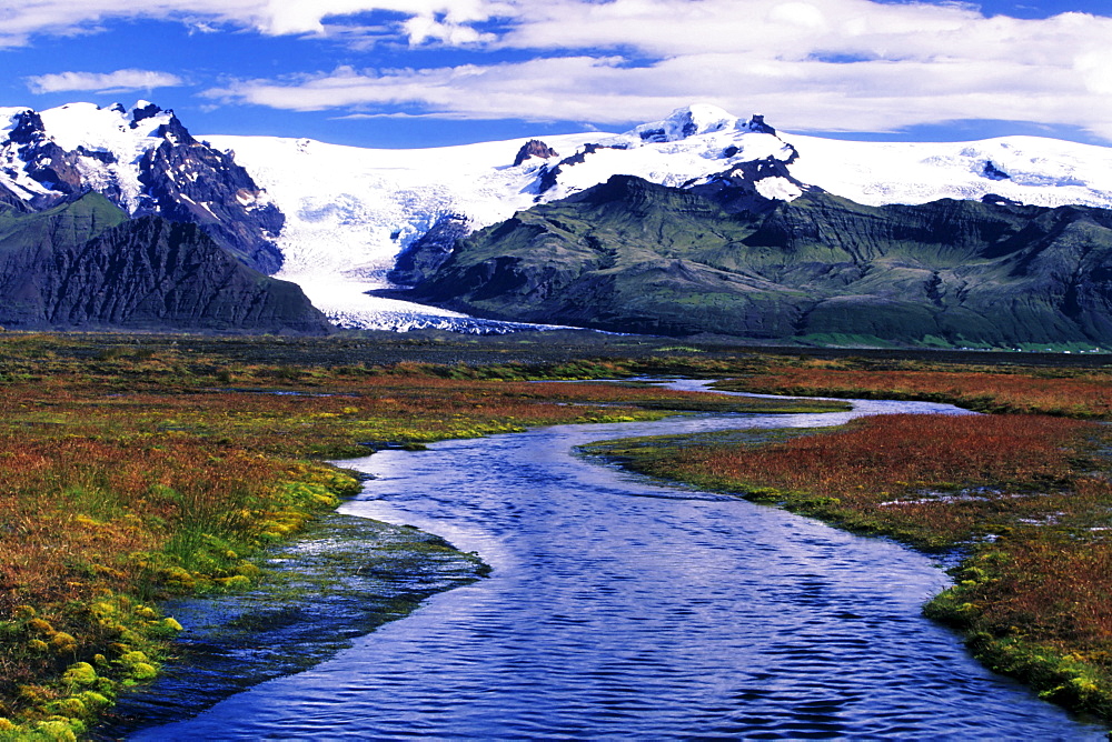 Vatnajoekull Glacier and glacial stream, Iceland, Atlantic Ocean