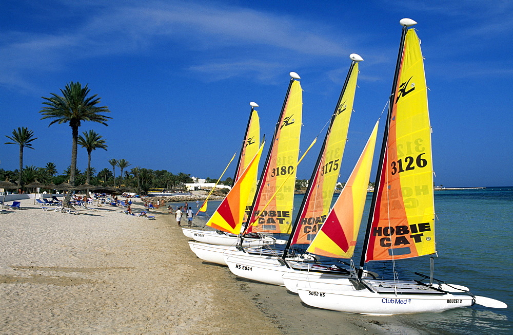 Catamarans on the beach, Club Med Djerba La Douce, Djerba, Tunisia, Africa