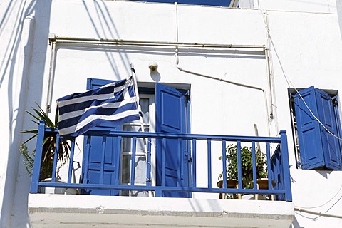 Balcony of a house, city of Mykonos, Mykonos, Cyclades, Greece, Europe