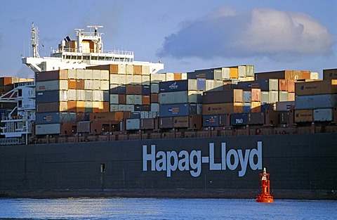 Huge container ship of shipping company Hapag Lloyd on river Elbe at Hamburg Germany