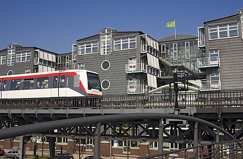 Subway passing the office building of Gruner and Jahr at Hamburg Harbour Germany