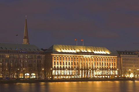 Head office of Hapag Lloyd at lake Binnenalster at night, Hamburg, Germany