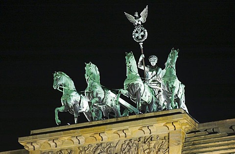 Illuminated sculpture Quadriga at Brandenburger Tor, Berlin, Germany