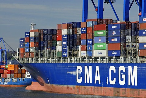 Container ship lying at container terminal Burchardkay at Hamburg Harbour, Hamburg, Germany