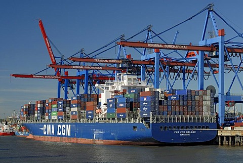 Container ship beeing loaded at container terminal Burchardkai at Hamburg Harbour, Hamburg, Germany