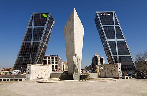 Jose Calvo Sotelo Memorial in front of the tilted towers of Puerta de Europa at Plaza de Castilla, Madrid, Spain