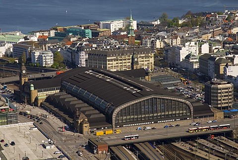 Arial view over central station Hamburger Hauptbahnhof and St. Georg district, Hamburg Germany