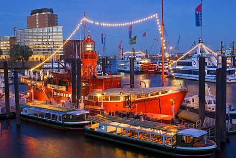 Light vessel LV13 at Hamburg Harbour at dusk, Hamburg, Germany