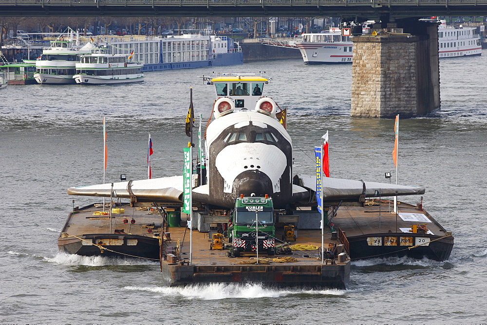 Russian space shuttle, space ship Buran on the Rhine on its way from Rotterdam to Speyer, Cologne, North Rhine-Westphalia, Germany, Europe