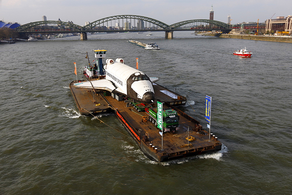 Russian space shuttle, space ship Buran on the Rhine on its way from Rotterdam to Speyer, Cologne, North Rhine-Westphalia, Germany, Europe