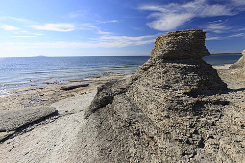 Rauken von Byrum, freestanding sandstone pillars washed out by the sea, Byrum, Oeland, Kalmar County, Sweden, Scandinavia, Europe