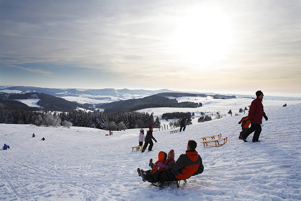 Sledders, Mt. Wasserkruppe, Rhoen Mountains, Hesse, Germany, Europe