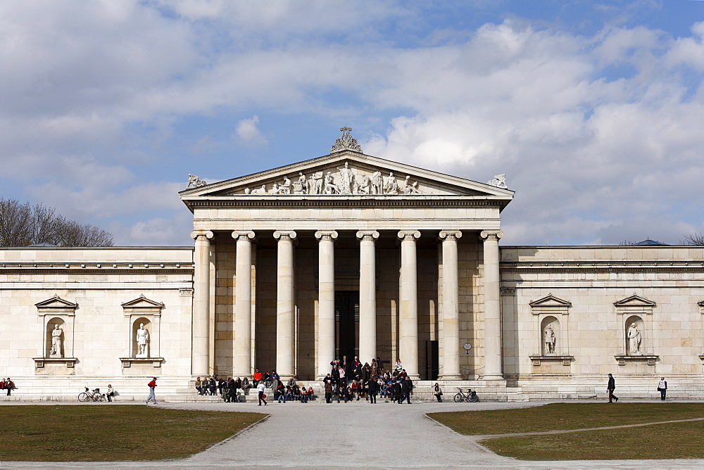 People standing on steps to the Glyptothek, Munich, Bavaria, Germany