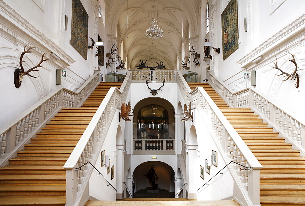 Staircase, White Hall, Deutsches Jagd- und Fischereimuseum, German Hunting and Fishing Museum in the former Augustinerkirche Church, Munich, Bavaria, Germany