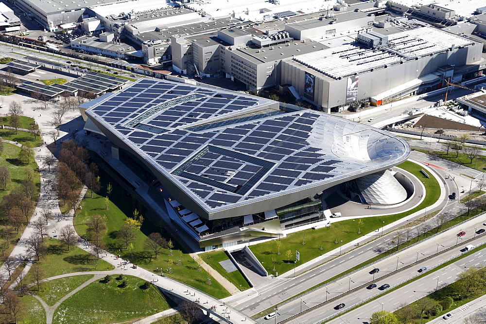 BMW World from Olympia TV tower, solar power system, Munich, Bavaria, Germany, Europe