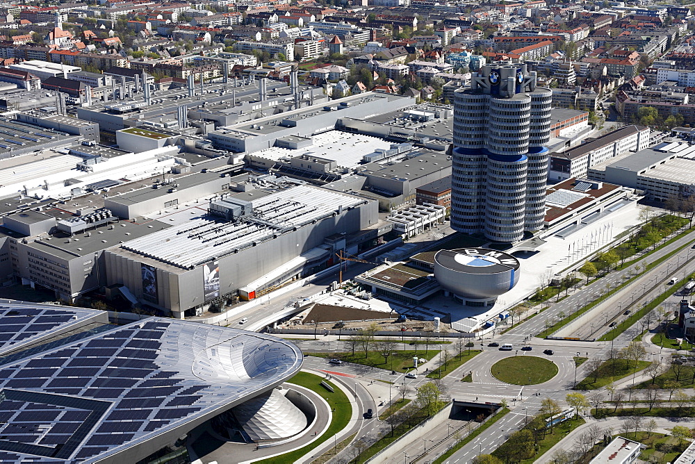 TV tower view over BMV World and the BMW building headquarters, Munich, Bavaria, Germany, Europe