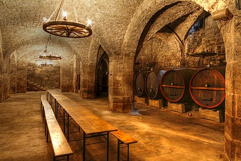 Wine cellar beneath the town hall in Hammelburg, Rhoen, Bavaria, Germany, Europe