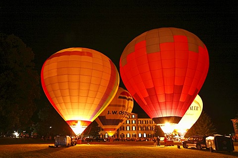 Hot-air balloon glow, public bath in Brueckenau, Bad Brueckenau, Rhoen Mountains, Lower Franconia, Bavaria, Germany, Europe